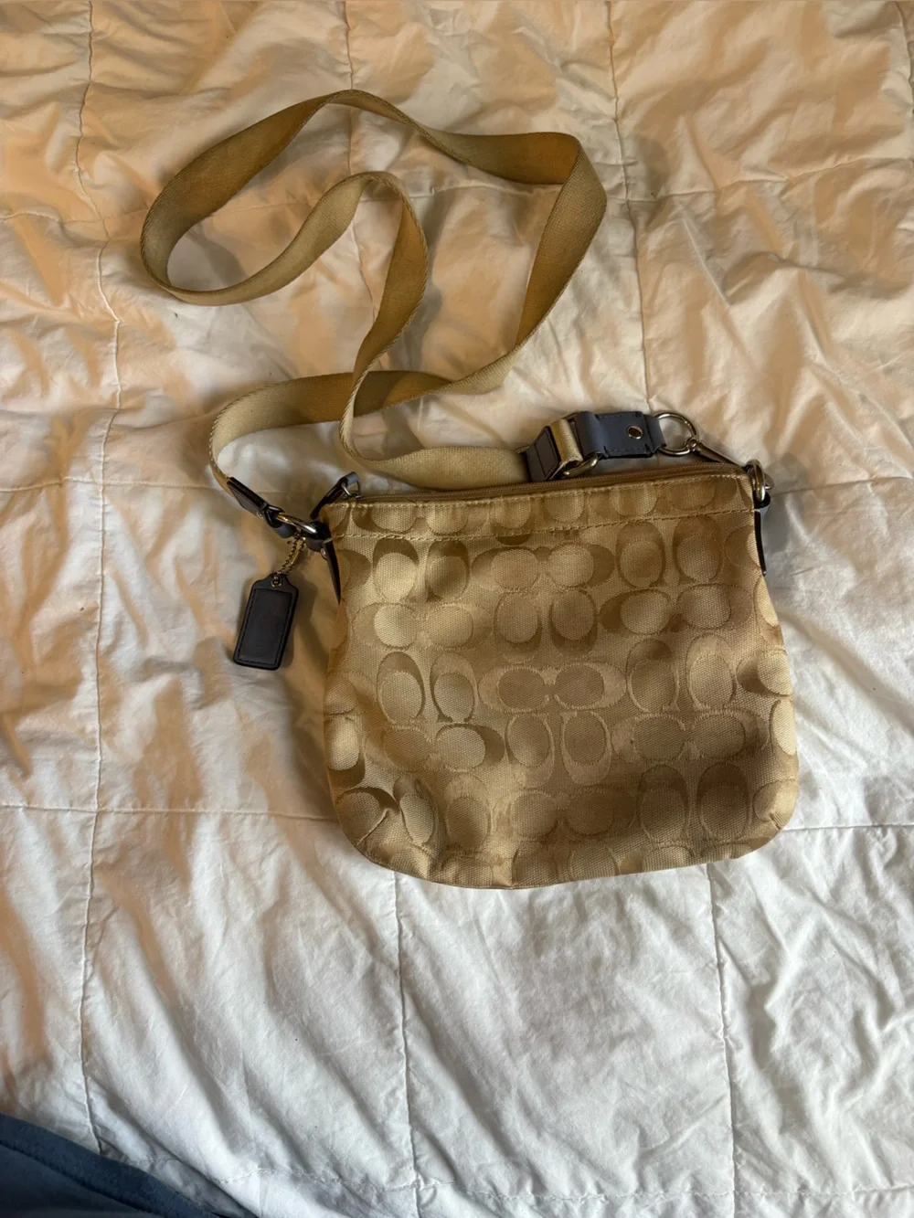 Coach Beige Signature Messenger Bag with Dark Trim